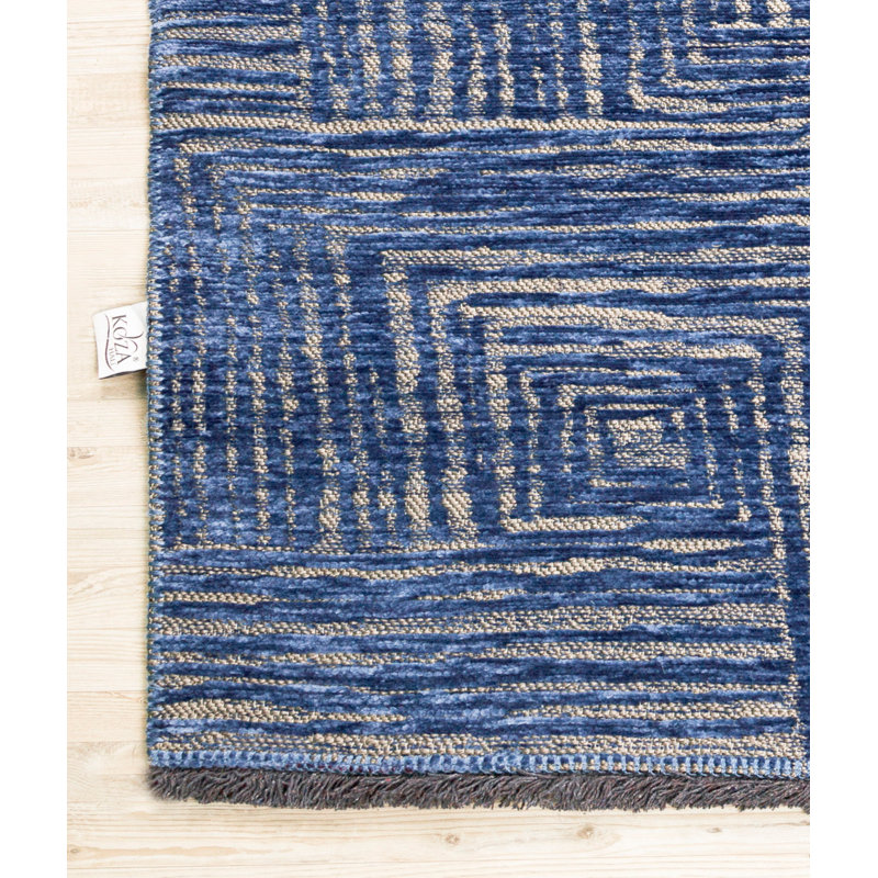 Tapis bleu en polyester / chenille tissé à la machine Passabe, Rectangle 6 pi 7 po x 9 pi 6 po