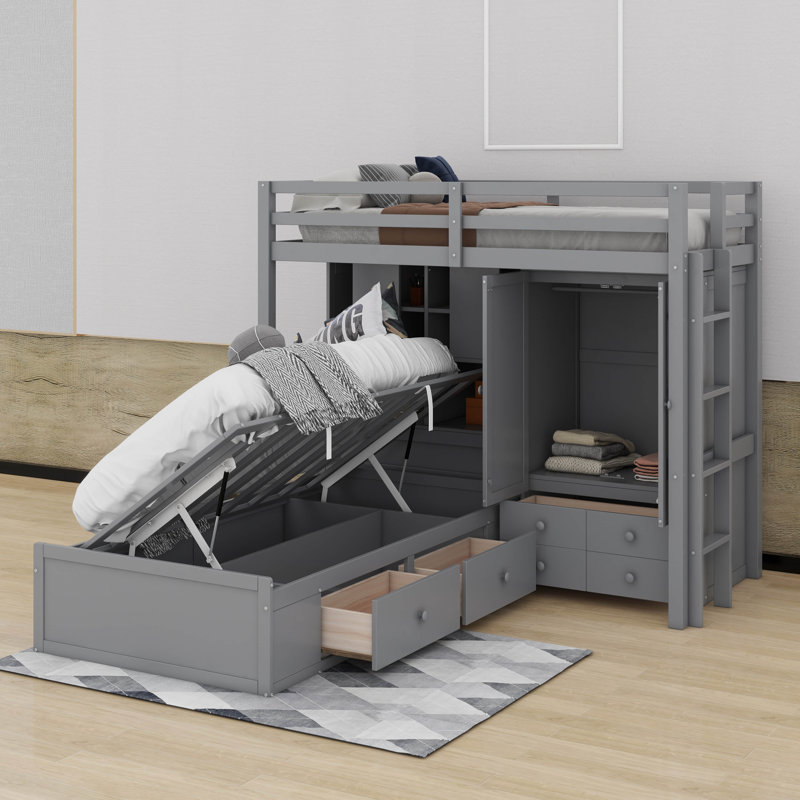 Lit superposé simple avec tiroirs, garde-robe, tablettes et hydraulique, Gris