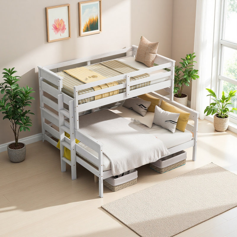 Lit simple superposé au-dessus de grand lit en bois avec échelle Wood, Blanc
