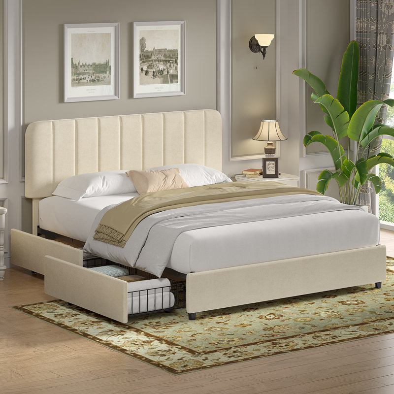 Huntsville 4-Drawer Velvet Upholstered Platform Bed, Full, Beige