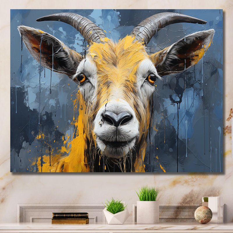 Chèvre jaune et bleu, prairie, portrait, art mural, Toile tendue, H 24 po x l 32 po x P 1 po