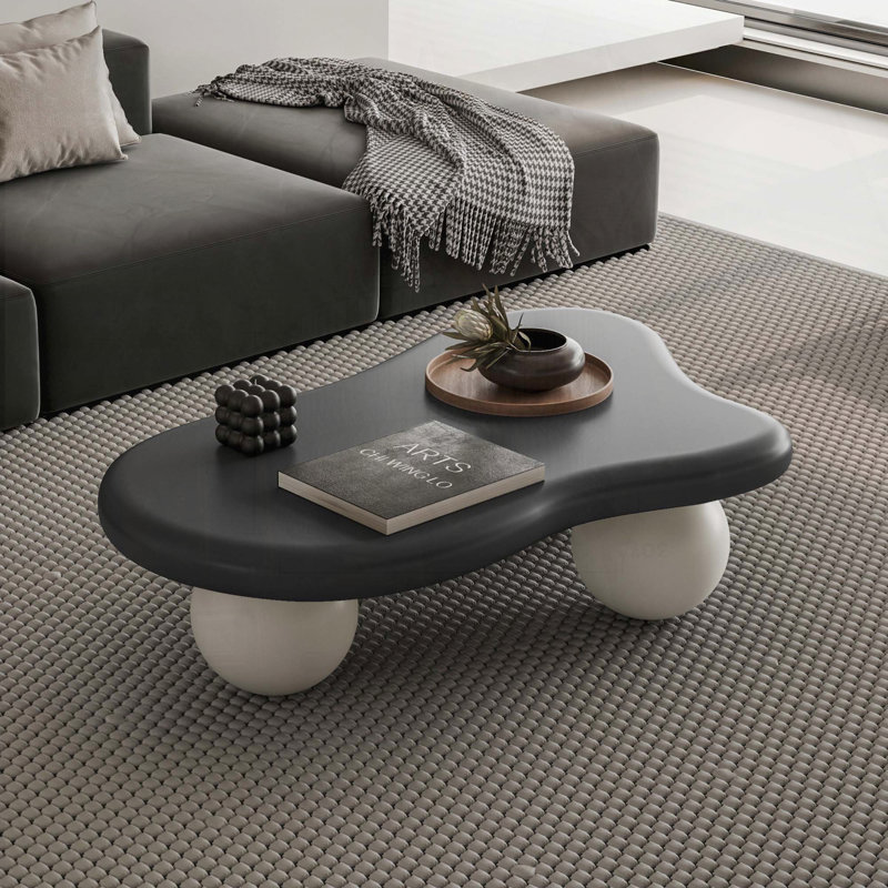 Table basse en forme de nuage avec 3 pieds sphériques - Gris, H 13,78 po x L 47,2 po x l 31,5 po, Plateau noir / base blanche