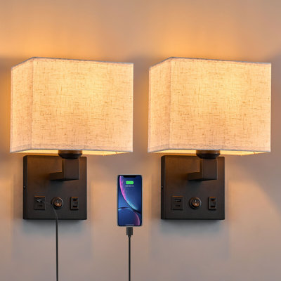 Ensemble de deux appliques murales noires - Lampe de chevet moderne avec port de charge USB et abat-jour en tissu pour chambre à coucher, salon, salle de lecture