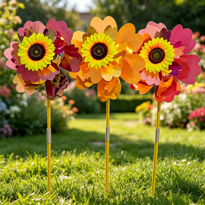 3 Pack Rainbow Sunflower Wind Spinners, 32cm Diameter Plastic Garden Pinwheels for Lawn Yard Outdoor Party Decor