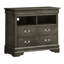 Meuble télé gris avec attrait - moulures courbées, fabrication de tiroir robuste, métal terni pour une commode traditionnelle chic, tiroirs à queue d'aronde, guides élégants