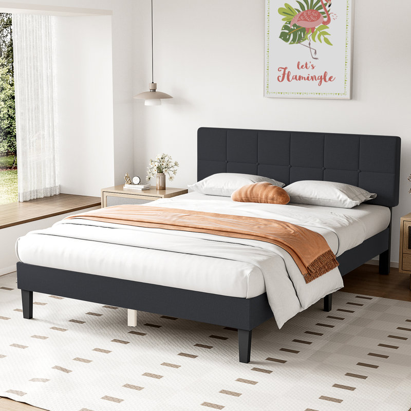 Platform Bed Frame with Upholstered Adjustable Headboard, No Box Spring Needed, Dark Gray, Queen