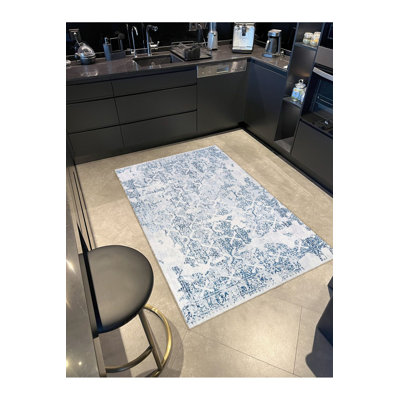 Tapis décoratif moderne bleu à motif abstrait lavable à la machine