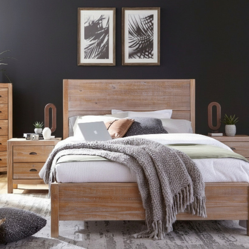 Ensemble de chambre à coucher Montauk, Bois de grange, Trois pièces : lit et deux tables de chevet, Grand lit