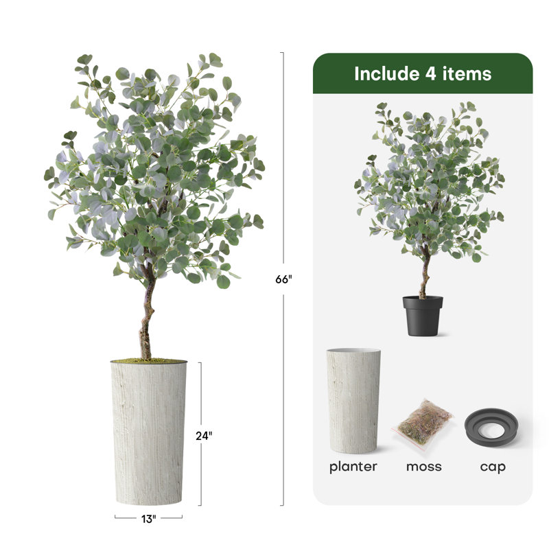 Arbre artificiel dans un pot de fleurs moderne, faux arbre en soie d'eucalyptus (décoration en pot et arbre), Tourbillon