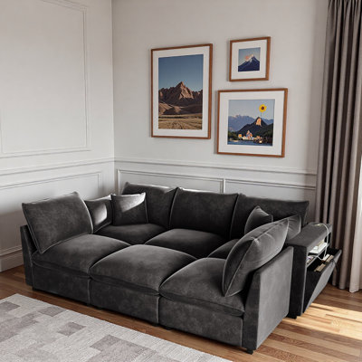 Canapé modulaire moderne avec repose-pieds mobile, accoudoirs de rangement et ports USB