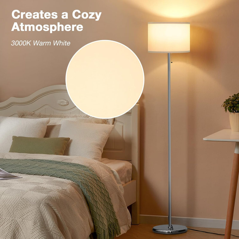 Floor Lamp For Bedroom, 3 Color Temperature LED Floor Lamp With Pull Chain Switch, Modern Standing Lamps For Living Room, Office, Kids Room, Reading(Bulb Included, White Shade)