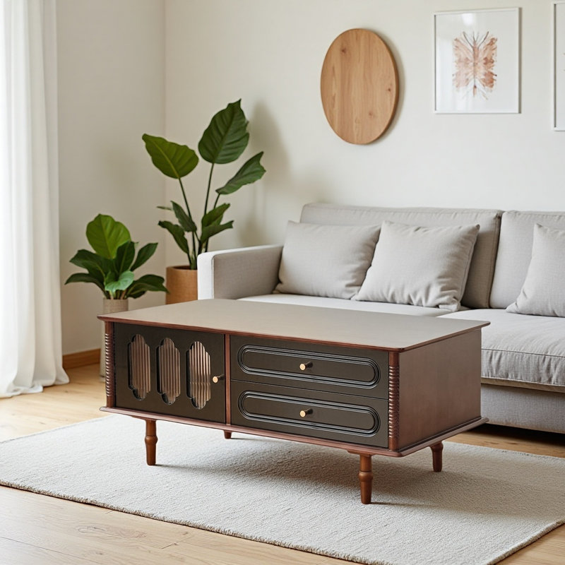 Table basse rétro en bois massif de style français, Brun