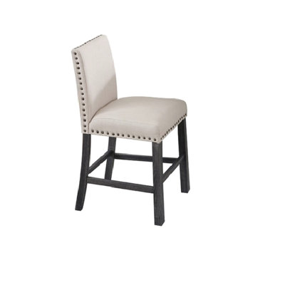 2 chaises de comptoir pour la salle à manger, garniture cloutée, pieds en bois gris antique, mélange de lin naturel, dossier, forme rectangulaire, bois d'ingénierie, rembourrage en mousse, espace requis pour l'assemblage des tabourets, finition,