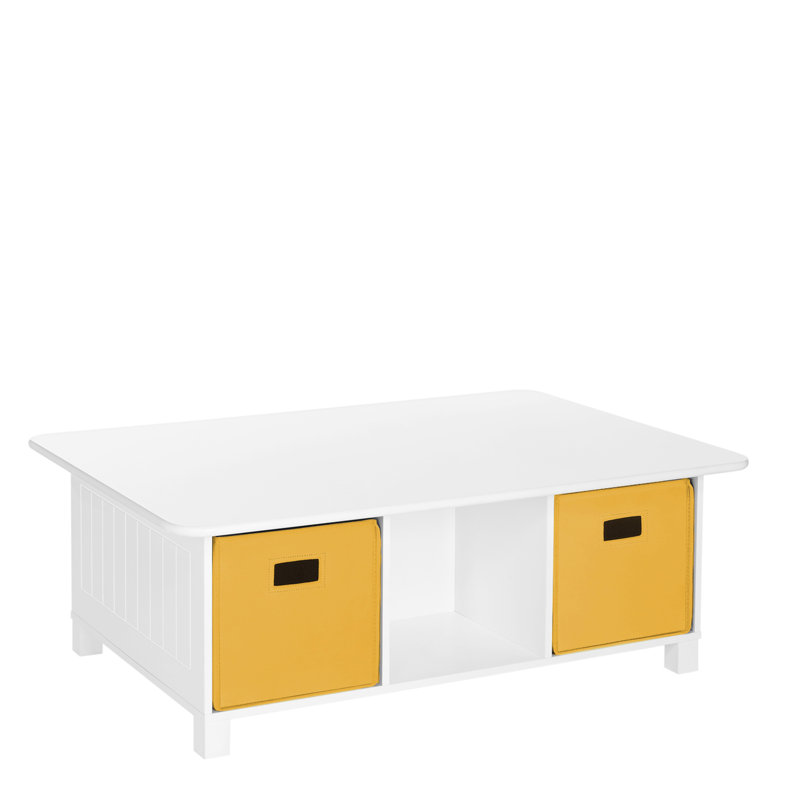 RiverRidge Kids Desk, Activity and Play Table with 6 Storage Cubbies - White with 2 Fabric Bins, White/Golden Yellow
