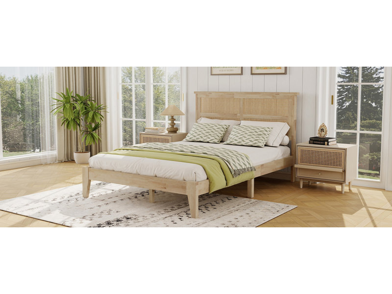 Natural Rubber Wood Bed Frame With Rattan Headboard, Full