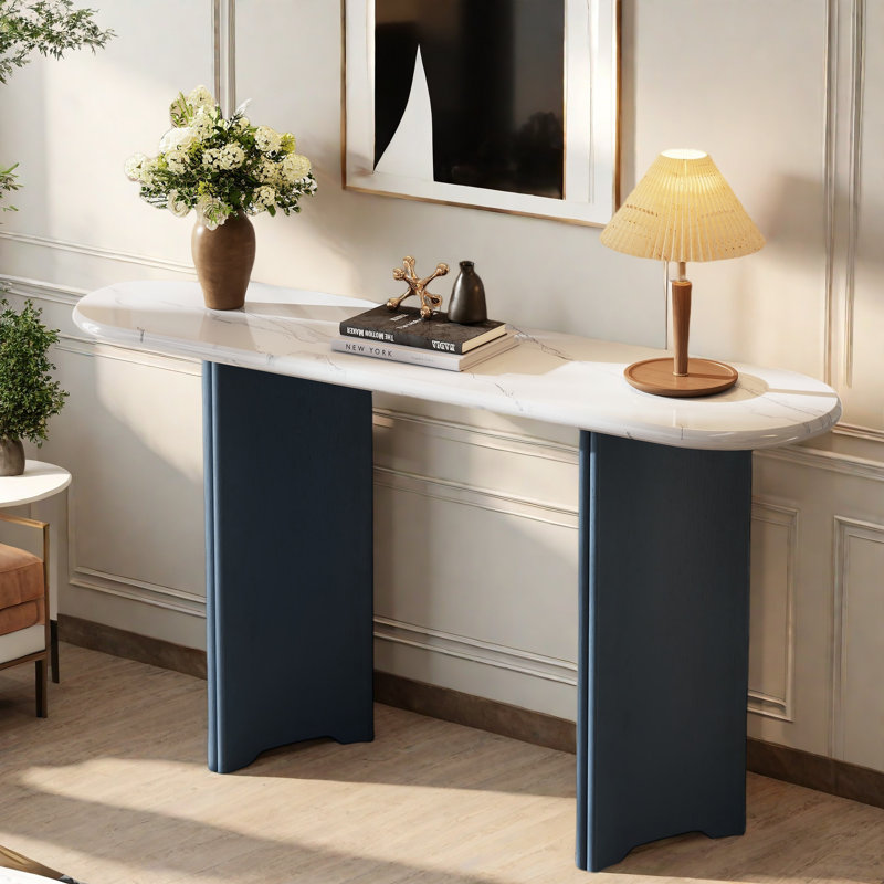 Narrow Console Table With Oval Marble Top, Curved Legs And Triangular-designed Base, Navy