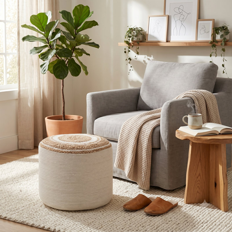 Pouf rond en coton et en jute avec motif à chevrons Rosie