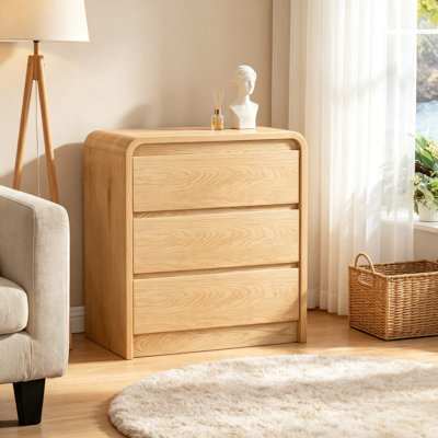 Modern Nightstand with Charging Station, 25" Tall Wood Bedside Table with 3 Drawers & USB Ports – Mid-Century End Table for Bedroom, Natural