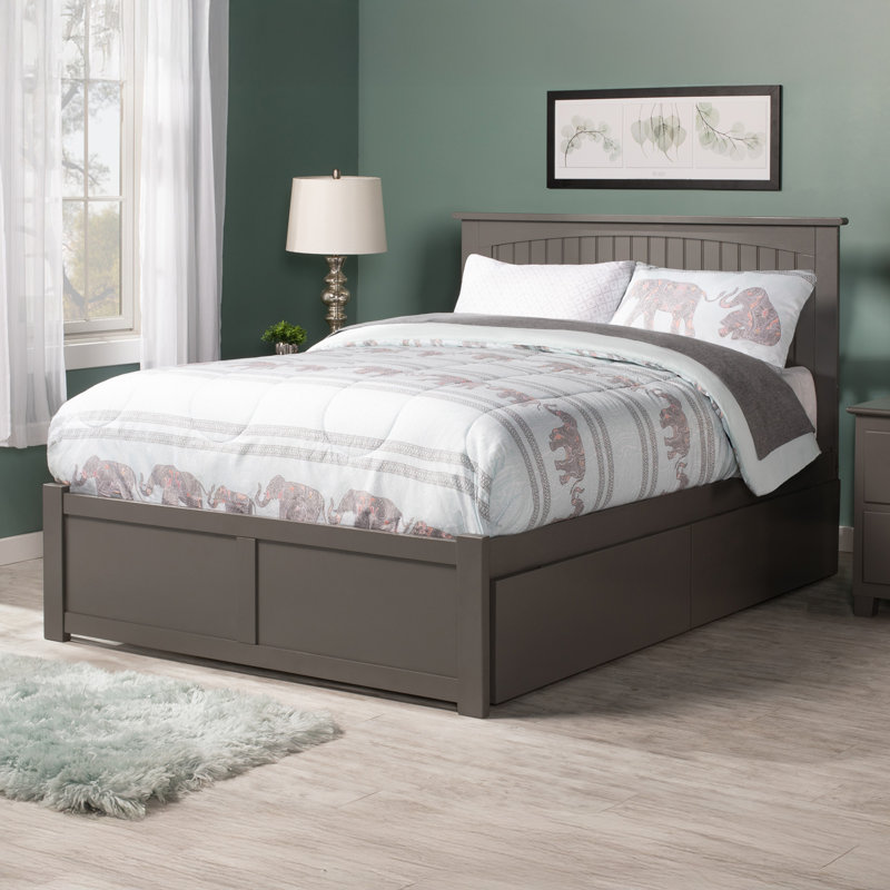 Lit plateforme en bois massif avec pied de lit et tiroirs de rangement Kindig, Gris, Double