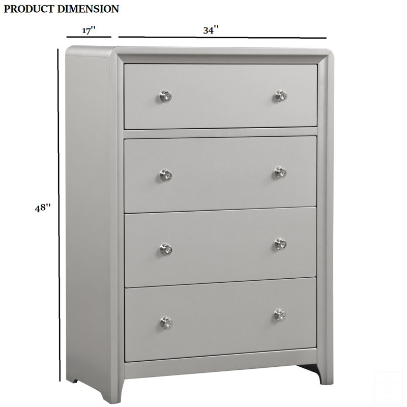 Commode luxueuse 1 pièce nickel brossé avec poignées 4 tiroirs à queue d'aronde anglaise