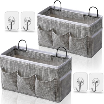 2 pièces 3 poches Grand sac de rangement mural, paniers de rangement suspendus en tissu de lin avec poches, bac imperméable pour la cuisine, la chambre à coucher, le bureau, le camping-car (kaki - 2 pièces)