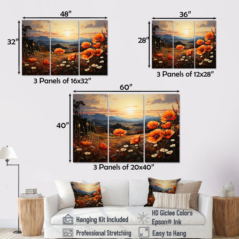 Orange Crimson Floweret Garden Serenade - ensemble d'art mural sur toile fleur, Toile tendue, H 28 po x l 36 po x P 1 po
