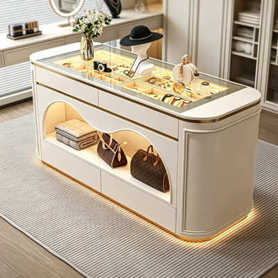 Vitrine à bijoux de luxe 55,12 po (140 cm) en bois massif, plusieurs niveaux, style français – Plateau en verre trempé avec bande lumineuse DEL intelligente, garnitures en acier inoxydable doré, rangement grande capacité compartimenté, tiroirs silencieux et amortis, vitrine d'exposition.
