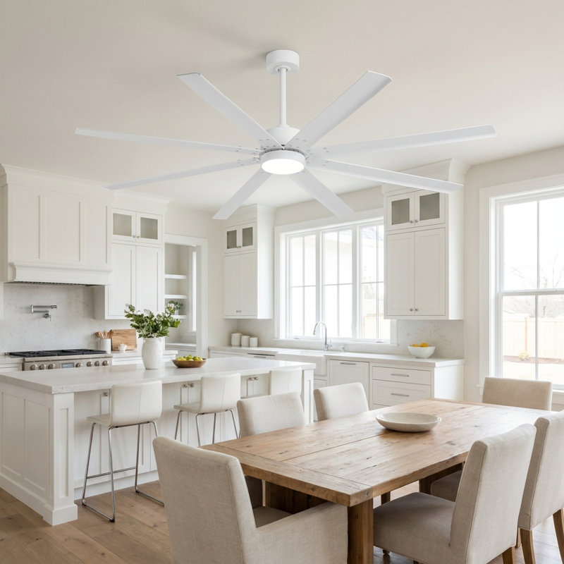 8 Blade White Aluminum Ceiling Fan With Dc Motor, 9503 Cfm High Airflow, Smart App & Remote Control,reversible Motor With 3 Downrods