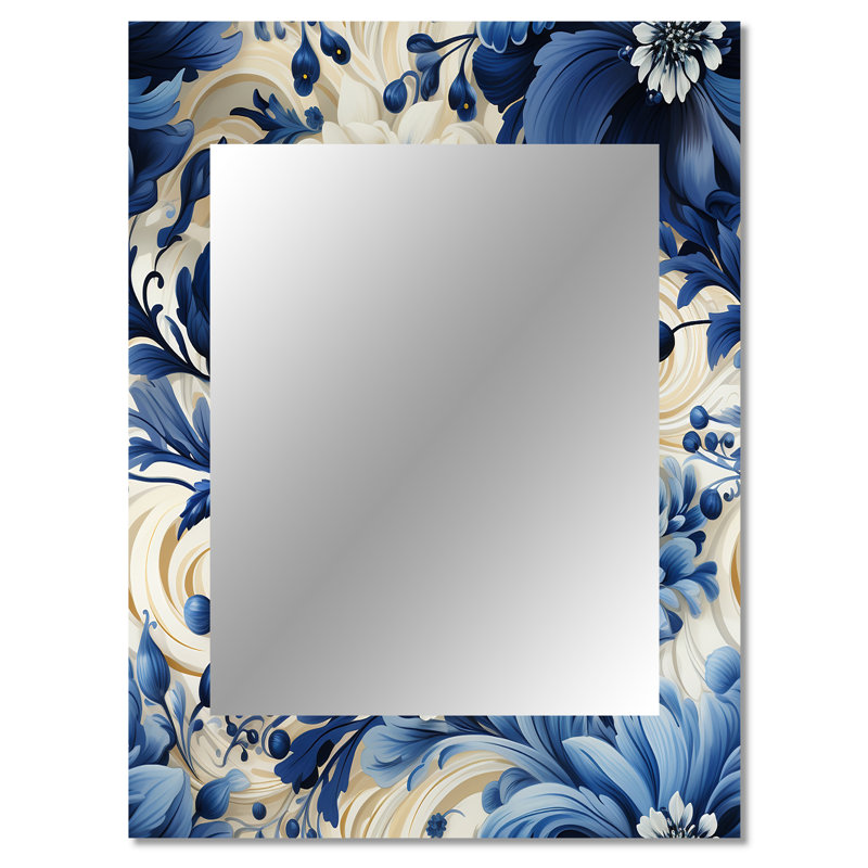 Kurtz Romantic Cobalt Blue Swirls Victorian Pattern - Floral Mirror, Cottage Decorative Wall Mirror, Printed Metal Art