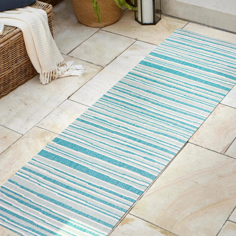 Tapis rayé turquoise / crème intérieur / extérieur Raygoza, Tapis de couloir 2 pi x 8 pi