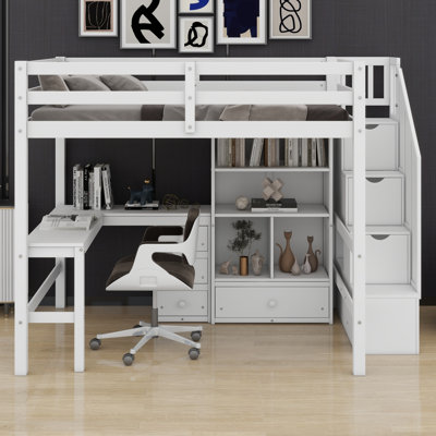 Loft Bed with Storage Staircase, Cabinet, Drawers and L-Shaped Desk