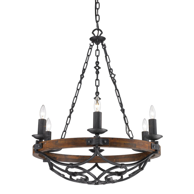 Conyngham 6 - Light Dimmable Round Chandelier, Black Iron, Rustic Oak Wood