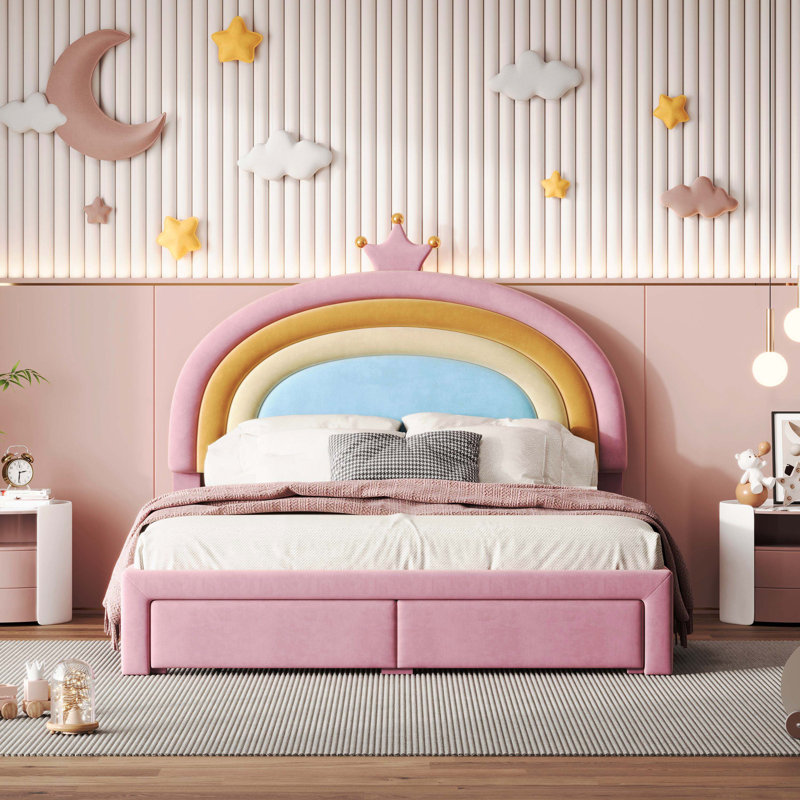 Lit tapissier arc-en-ciel coloré et rose de style princesse en velours avec tiroir de rangement, aucun sommier nécessaire
