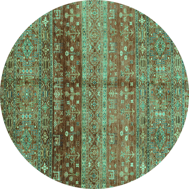 Tapis tissé à la machine à motif géométrique turquoise, Rond 8 pi