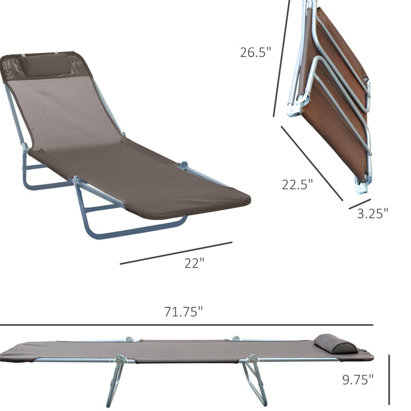 5 Reclining Beach Lounge Bed, Breathable Mesh Seat And , Folding For Outdoor, Yard, Patio, Brown Chaise Poolside Chair, Back, Seat, Beach,