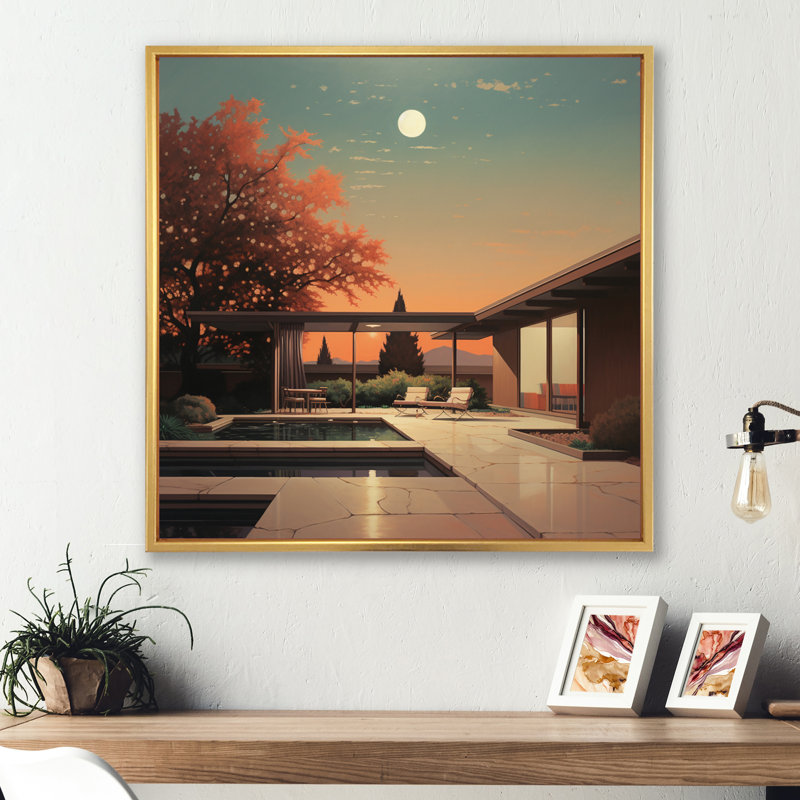 Teal Orange Mid Century Dreamy River - Mid-Century Wall Art Living Room, H 30 po x l 30 po x P 1 po, Cadre flottant doré