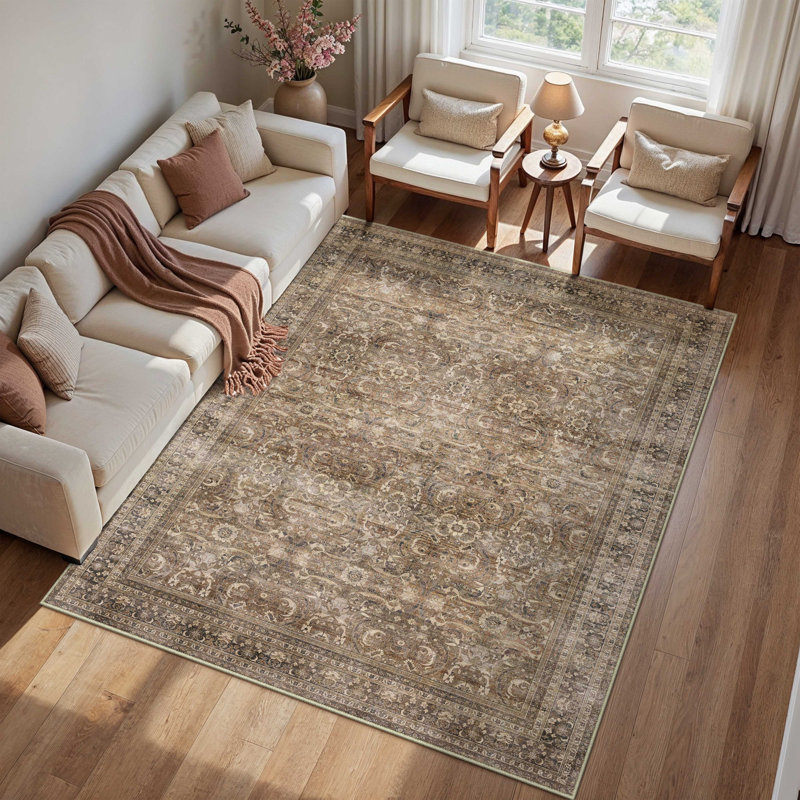 Machine Washable Vintage Floral Area Rug With Non-Slip Rubber Backing, Rectangle 6' x 9'