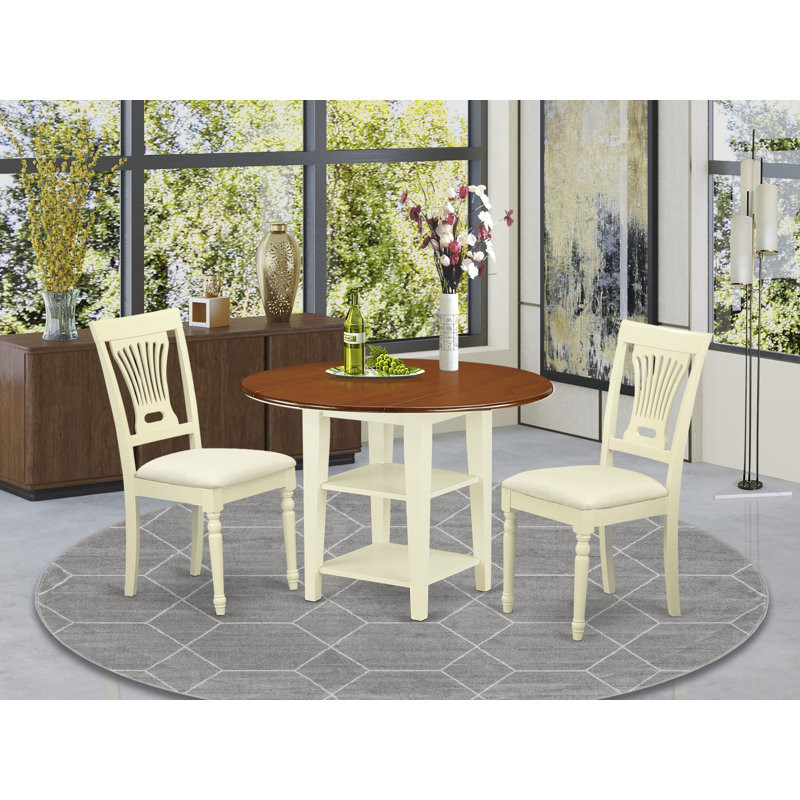 3 Piece Dining Table Set Contains a Round Dining Room Table with Dropleaf & Shelves and 2 Linen Fabric Chairs, Buttermilk & Cherry
