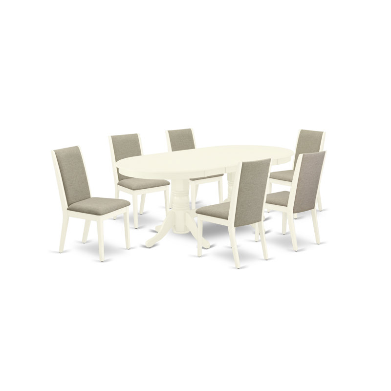 Ensemble de mobilier de salle à manger 7 pièces composé d'une table ovale en bois avec feuille papillon et 6 chaises Parson en tissu Shitake, lin blanc