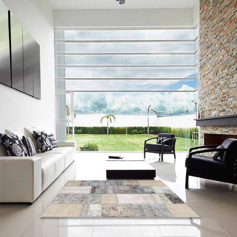 Tapis gris/beige/noir contemporain, Carré 5 pi