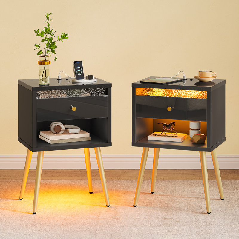 Ensemble de 2 tables de chevet, table d'appoint avec station de chargement avec tiroir de rangement et tablette ouverte à DEL