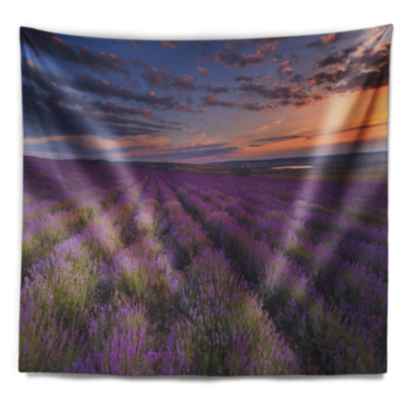 Motif floral champ de lavande foncé avec ciel nuageux, H 78 po x l 92 po