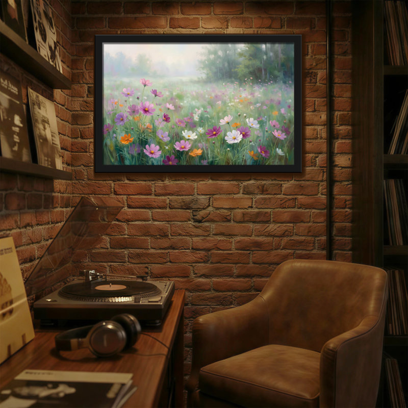 Plantes et fleurs dans un pré floral avec des fleurs roses et blanches, H 20 po x l 30 po