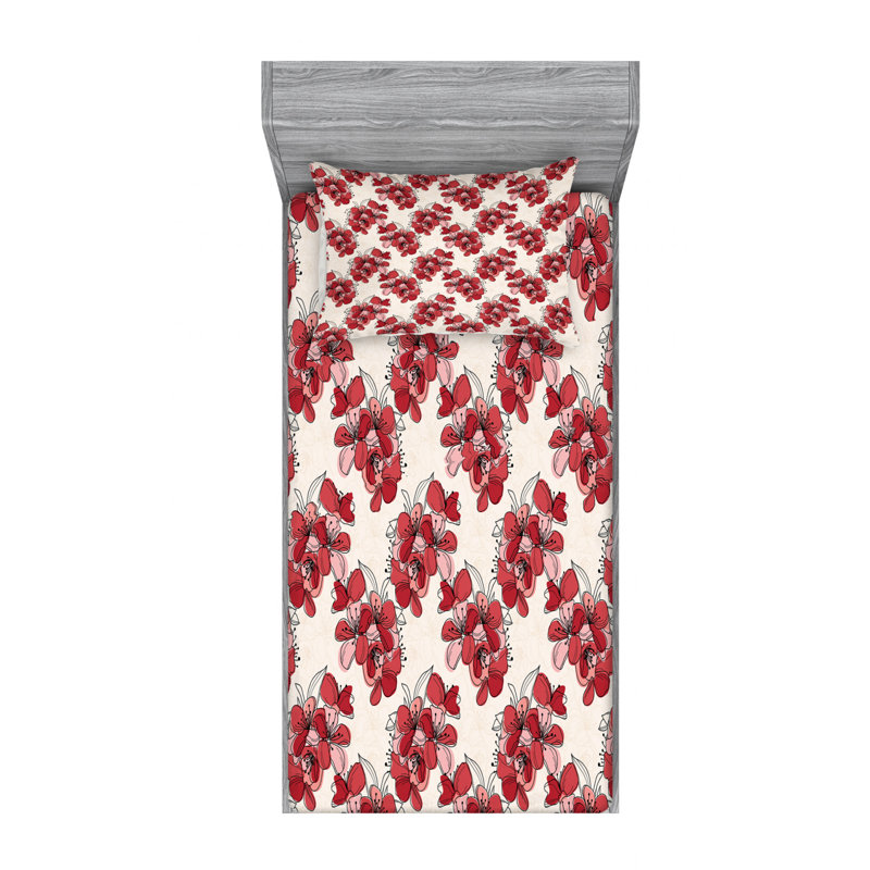 Microfiber Floral Sheet Set, Twin Sheet Set with Fitted Sheet, Red Floral