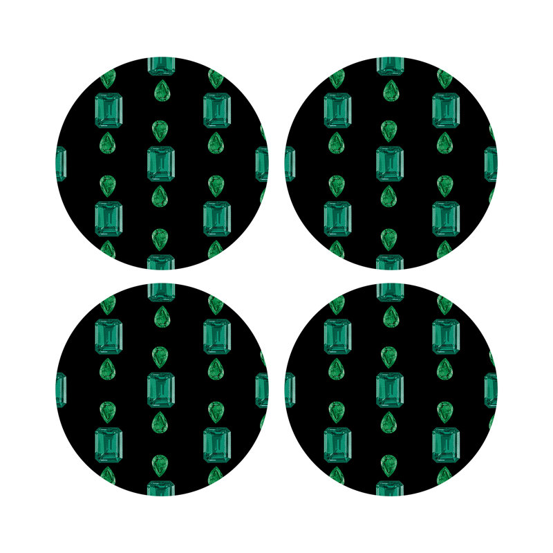Gem Emeralds Vegan Leather Round Pebble Placemat, Black, Emeralds