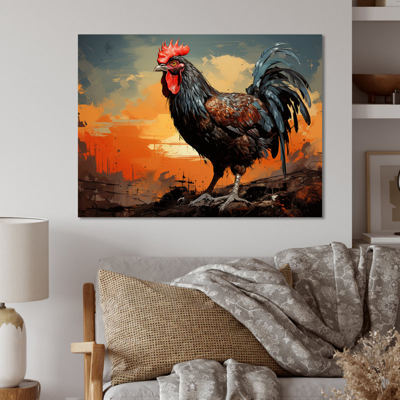 «Sunset Roosters Farmyard I», art mural coq animal en métal MT132572, H 24 po x l 32 po x P 1 po