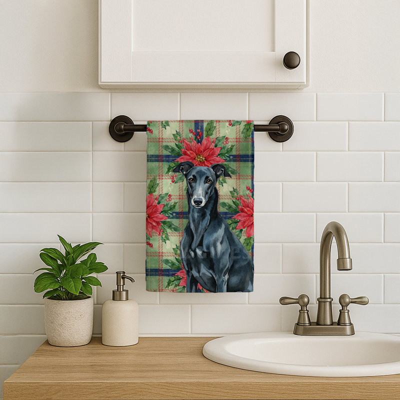 Black Greyhound Christmas PoinsettIas Kitchen Towel, Black Greyhound