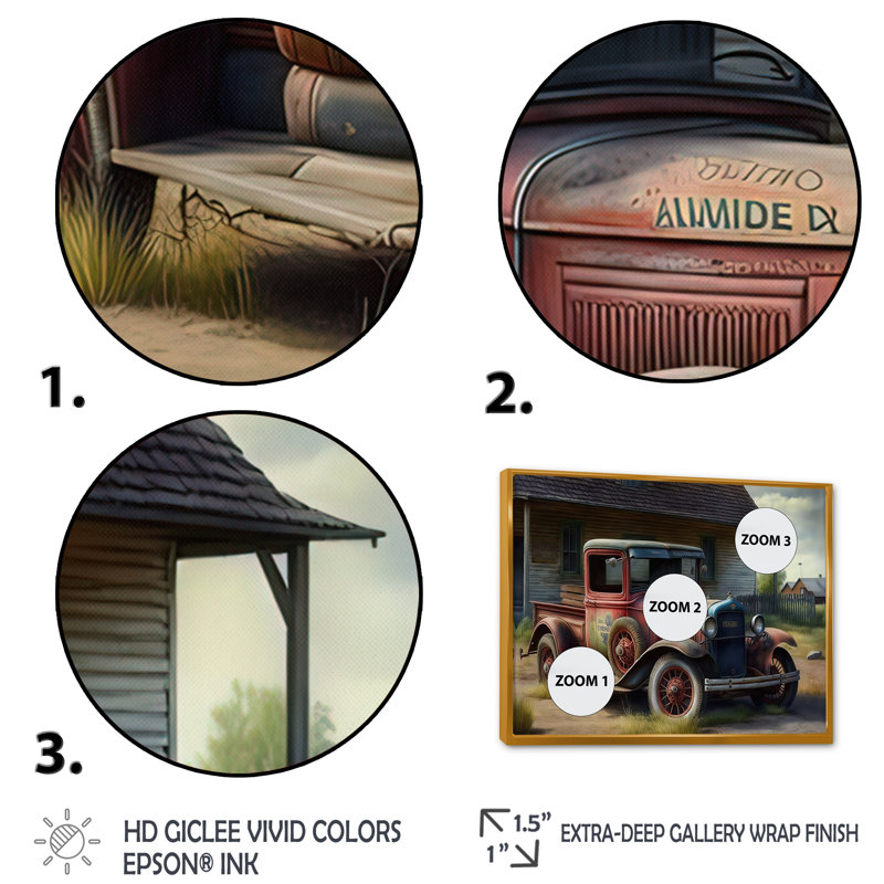 30S American Car at the Barn - Peinture sur toile, H 24 po x l 32 po x P 1 po, Toile avec cadre flottant or