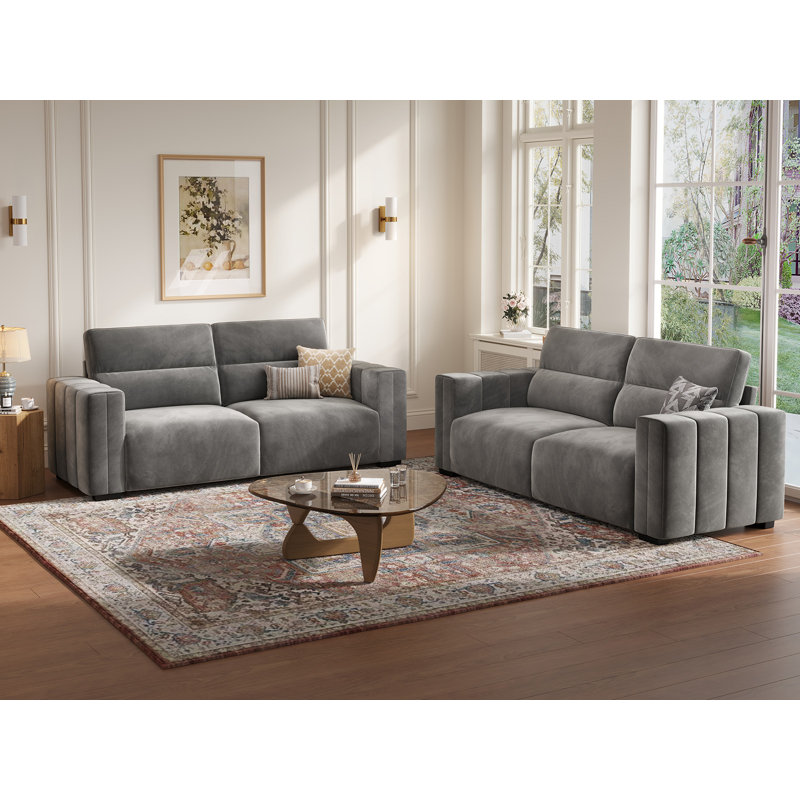 82" Velvet Square Arm Loveseat Sofa, Premium Upholstered Living Room Sofa Couch, Light Grey