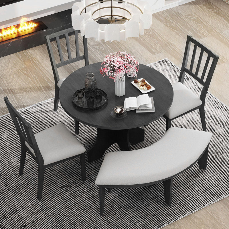 Ensemble de table de salle à manger ronde, ensemble de salle à manger rustique 5 pièces avec 3 chaises rembourrées et banc incurvé pour la salle à manger, la cuisine et le salon (gris)